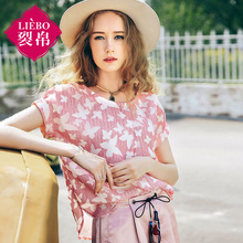 裂帛女装2018夏装新款一粒扣圆领蕾丝衫圆弧底摆短袖雪纺衫女图片