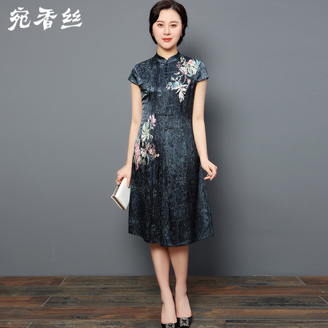 重磅真丝连衣裙大码印花2019新款桑蚕丝绸中裙民族风妈妈夏装过膝商品大图