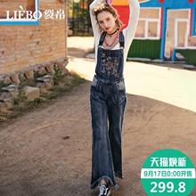 裂帛2018秋季新款时尚刺绣气质民族风毛边喇叭裤宽松牛仔背带裤女图片