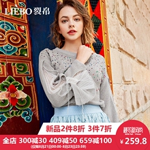 裂帛2018秋季新款圆领温柔风钉珠浪漫蕾丝喇叭袖甜美风针织毛衣女图片
