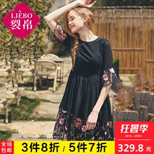 裂帛2018夏装新款圆领喇叭袖A字雪纺裙高腰刺绣连衣裙女51180178图片