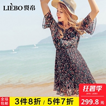 裂帛2018夏新款度假风V领松紧腰女珍珠装饰中袖A摆雪纺显瘦连衣裙图片