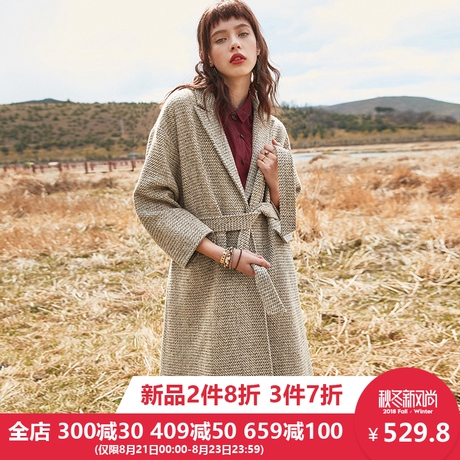 裂帛2018秋季新款个性翻领暗扣插袋装饰腰带气质白领中长款大衣女商品大图