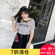 采多宝大码女装2018胖mm夏装韩版领口交叉蕾丝宽松T恤200斤A6183图片