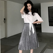 短款 亮闪闪百褶半身裙女 绑带T恤 韩国chic风纯色喇叭袖 夏季新款