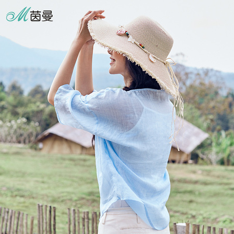 茵曼2018夏装新款舒适透气苎麻V领宽松五分袖衬衫女时尚宽松上衣商品大图