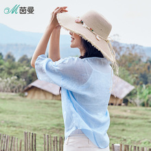 茵曼2018夏装新款舒适透气苎麻V领宽松五分袖衬衫女时尚宽松上衣图片