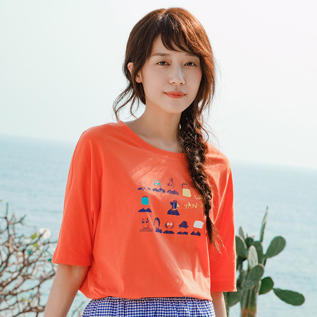 茵曼2018夏装新款韩版宽松圆领印花不规则下摆中袖T恤女大码上衣商品大图