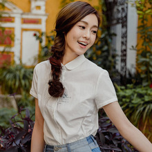 茵曼2018夏装新款简约polo领印花基础百搭短袖衬衣女白色衬衫上衣图片