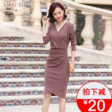 优雅显瘦2018秋冬新款女装针织长袖连衣裙韩版百搭V领毛衣打底裙图片