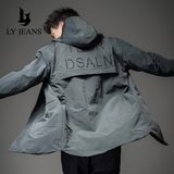 LY JEANS男士风衣中长款春秋2019休闲印花连帽宽松外套潮牌冲锋衣
