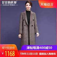 【全羊毛】甘甘的世界2018秋冬新款西装翻领格纹双面呢大衣中长女图片