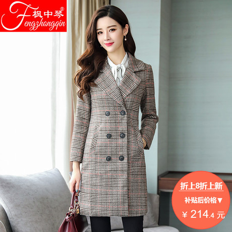 毛呢外套女中长款2018秋冬季新款女装韩版收腰加厚格子呢子大衣潮商品大图