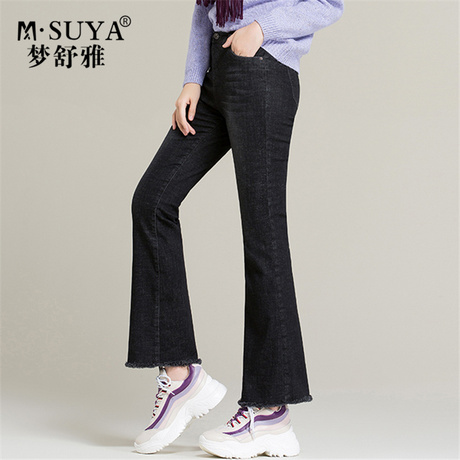 梦舒雅女裤加绒牛仔裤女2018冬季新款长裤子女显瘦加厚保暖微喇裤商品大图