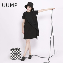 T恤前拼雪纺直筒宽松显瘦T恤裙女潮 暗黑风中长款 新品 UUMP2019春装