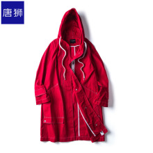 唐狮旗舰店2018秋装新款外套女青年红色口袋长款织带棉质上衣图片