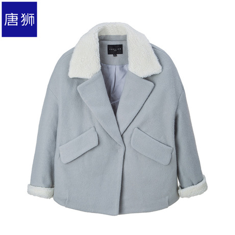 唐狮旗舰店2018冬装新款毛呢外套女翻领拼色简约时尚毛呢上衣商品大图
