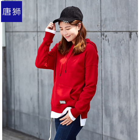 唐狮旗舰店2018冬装新款卫衣女宽松撞色拼接连帽加绒套头卫衣商品大图