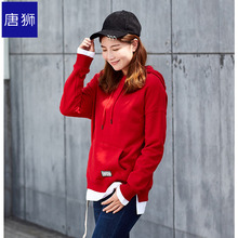 唐狮旗舰店2018冬装新款卫衣女宽松撞色拼接连帽加绒套头卫衣图片