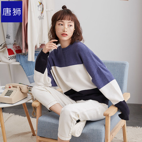 唐狮旗舰店2018冬装新款毛衣女韩版宽松落肩撞色拼块毛线针织商品大图