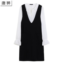 唐狮2018秋装新款连衣裙 女款荷叶边长袖衬衫加背心裙两件套裙图片