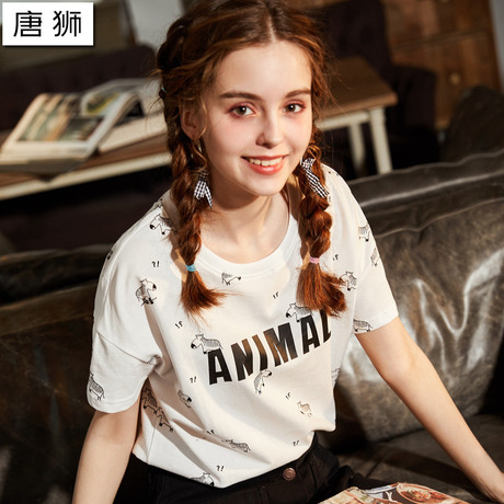 唐狮20182018夏装新款女款可爱动物印花字母圆领短袖T恤休闲上衣商品大图