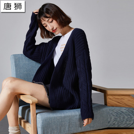 唐狮2018秋冬装新款慵懒风毛衣女小清新原宿外套女粗毛线开衫毛衣商品大图