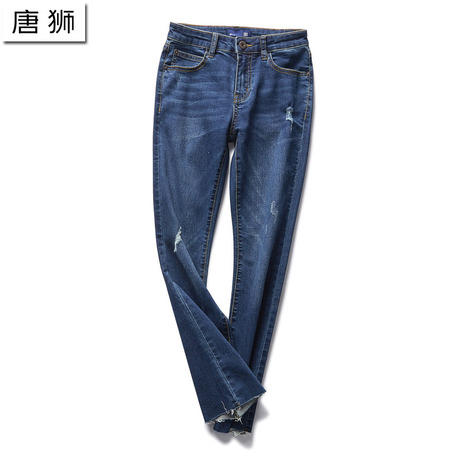 唐狮2018夏装新款牛仔裤 女款微弹破洞抓痕牛仔微喇长裤韩版显瘦商品大图