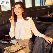 唐狮2018秋装新款女衬衫韩版长袖白色衬衣女复古雪纺荷叶边上衣潮图片