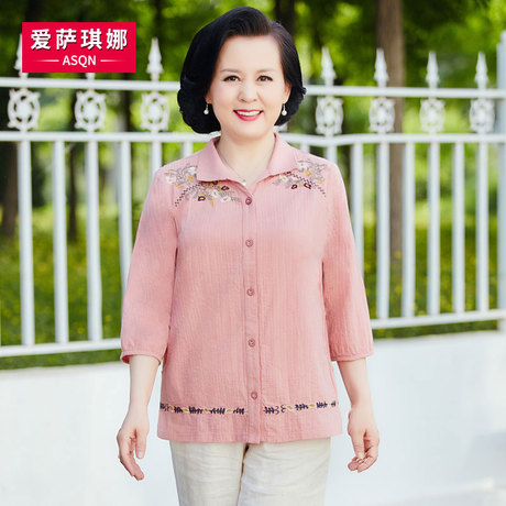 妈妈秋装棉麻长袖T恤打底衫2018新款中年女装春秋衬衫韩版上衣服商品大图
