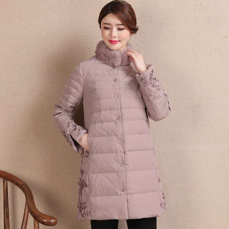 妈妈装羽绒服女中长款2018秋冬新品绣花中国风宽松大码女装外套商品大图