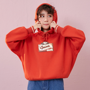 学院宽松加绒连帽印花卫衣