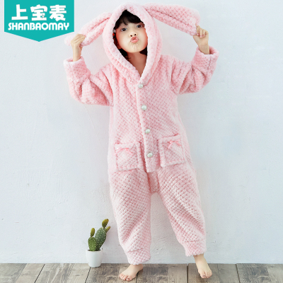 上宝麦秋冬兔耳朵儿童连体睡衣家居服法兰绒保暖加厚男童女童睡衣