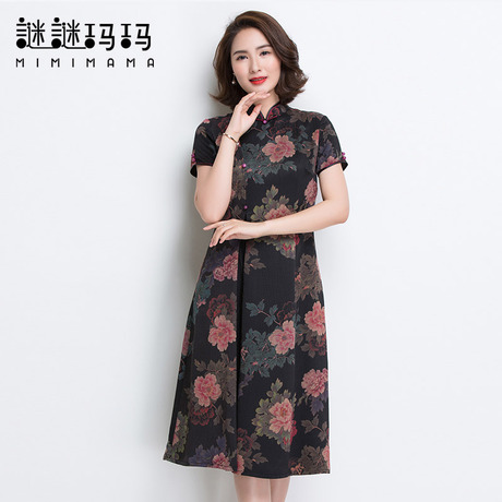 重磅真丝香云纱中老年连衣裙2018新款女中式旗袍复古妈妈夏桑蚕丝商品大图