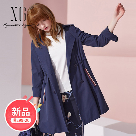 xg女装2018正品春秋藏青色收腰小个子风衣女 原创外套女端庄大气商品大图