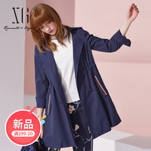 xg女装2018正品春秋藏青色收腰小个子风衣女 原创外套女端庄大气图片