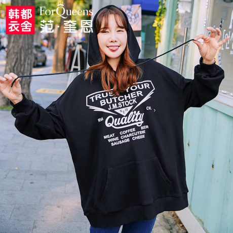 范奎恩韩版大码女装胖mm2018秋装新款连帽潮胖妹妹显瘦宽松卫衣商品大图