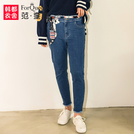 范奎恩韩版大码女装2018秋装新款胖MM腿粗裤子女胖妹妹显瘦牛仔裤商品大图