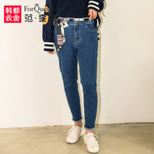范奎恩韩版大码女装2018秋装新款胖MM腿粗裤子女胖妹妹显瘦牛仔裤图片