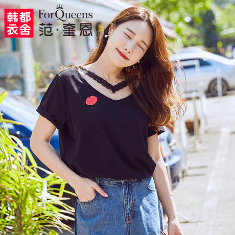 范奎恩大码女装胖妹妹短袖2018新款200斤胖MM显瘦上衣蕾丝显瘦T恤商品大图