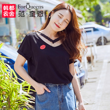 范奎恩大码女装胖妹妹短袖2018新款200斤胖MM显瘦上衣蕾丝显瘦T恤图片