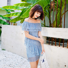 2019新款夏 一字肩连衣裙女名媛性感露肩亮片裙礼服主播度假裙