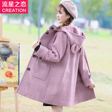 格子毛呢外套女中长款学生2018秋季新款初中生冬装呢子大衣学院风图片