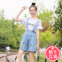 西子小荷怪兽背带裤女春秋2018新款宽松韩版初中学生少女牛仔短裤图片