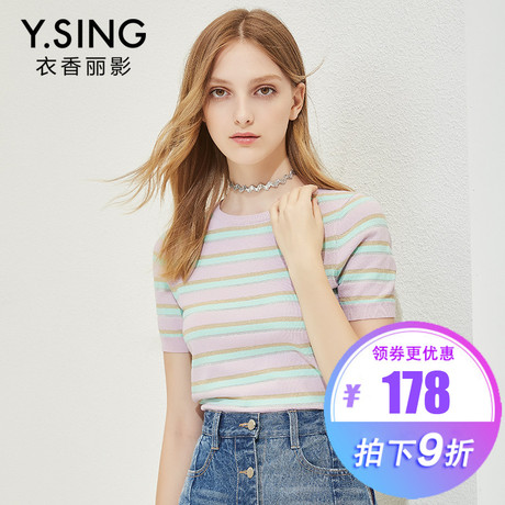 条纹针织衫短袖女衣香丽影2018秋装新款韩范时尚糖果色修身上衣商品大图