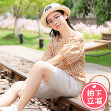 西子小荷露肩短袖女2018新款宽松韩版学生怪味少女格子上衣夏t恤图片