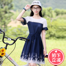 西子小荷初中生裙子学院风中长款显瘦韩版夏季小清新少女连衣裙图片