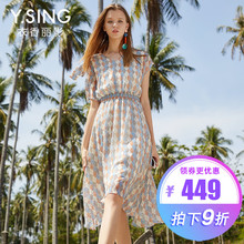 雪纺连衣裙格纹衣香丽影2018夏装新款高腰V领短袖遮肚修身a字裙子图片