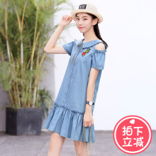 西子小荷少女牛仔连衣裙女2018新款夏季韩版中长款露肩高中学生裙图片