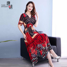 2019夏季新款民族风显瘦V领印花真丝连衣裙女桑蚕丝中长款图片